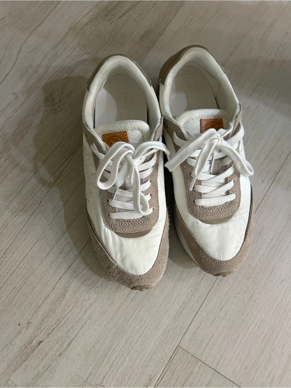 Tory Burch White and Taupe Suede-Accented Logo Sneakers